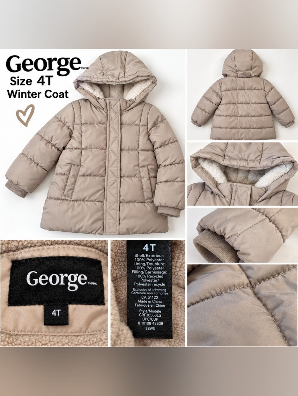 George Kids 4T Hooded Puffer Coat in Taupe